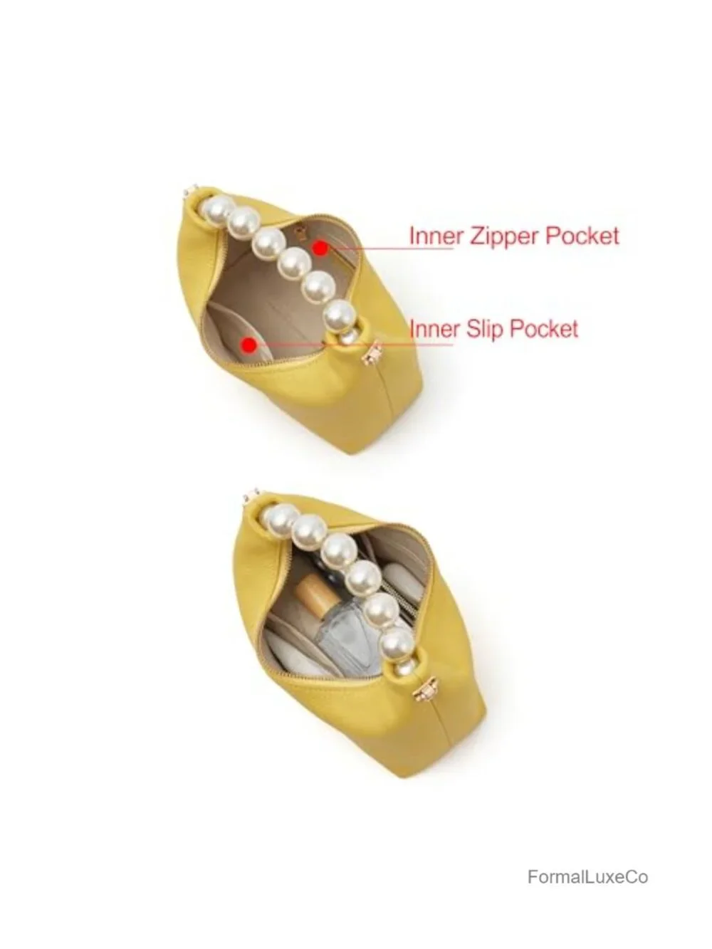 Genuine Leather Small Top Handle Clutch Purse with Pearl Handle and Detachable